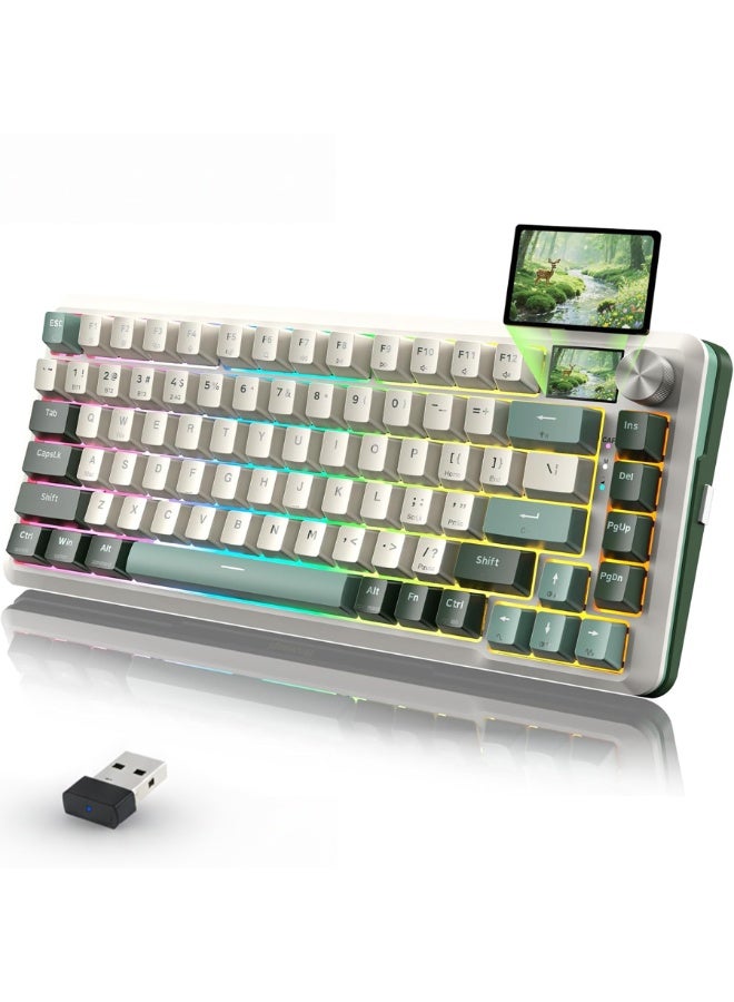 REDRAGON K708WLG Pro Wireless Mechanical Gaming Keyboard – 75% Layout 81 Keys, Tri-Mode 2.4G / Bluetooth / USB-C, Gasket Mount, Hot-Swap Pre-Lubed Switches, RGB Backlit, Smart LCD Screen & Control Knob, White & Green - Image 1